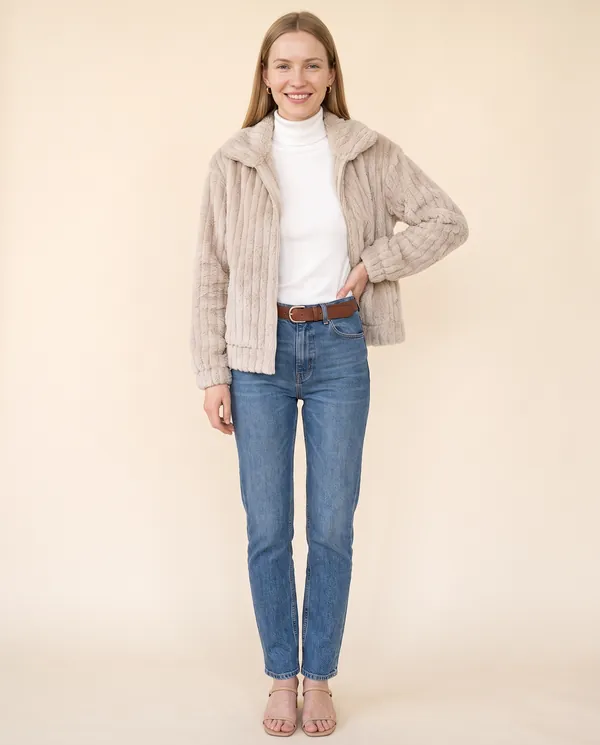 Ribbed Faux Fur Fleece Jacket in Oat, front view, worn by Maya
