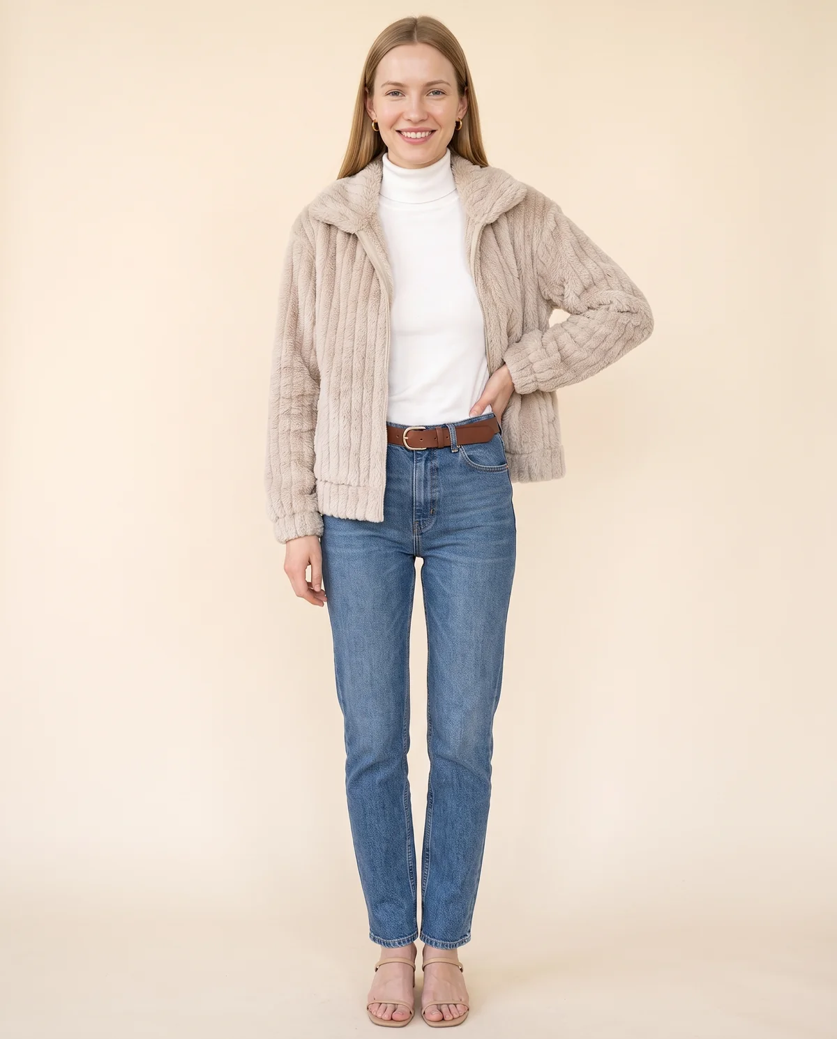 Ribbed Faux Fur Fleece Jacket in Oat, front view, worn by Maya