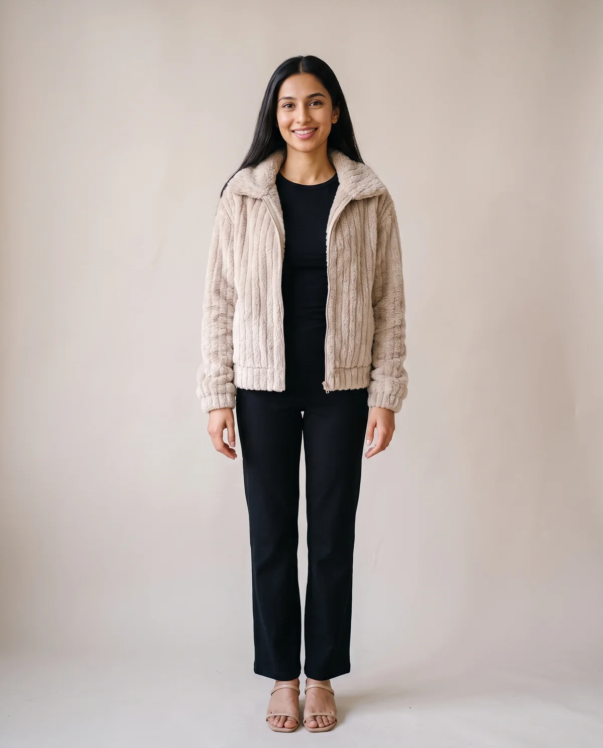 Ribbed Faux Fur Fleece Jacket in Oat, front view, worn by Priya