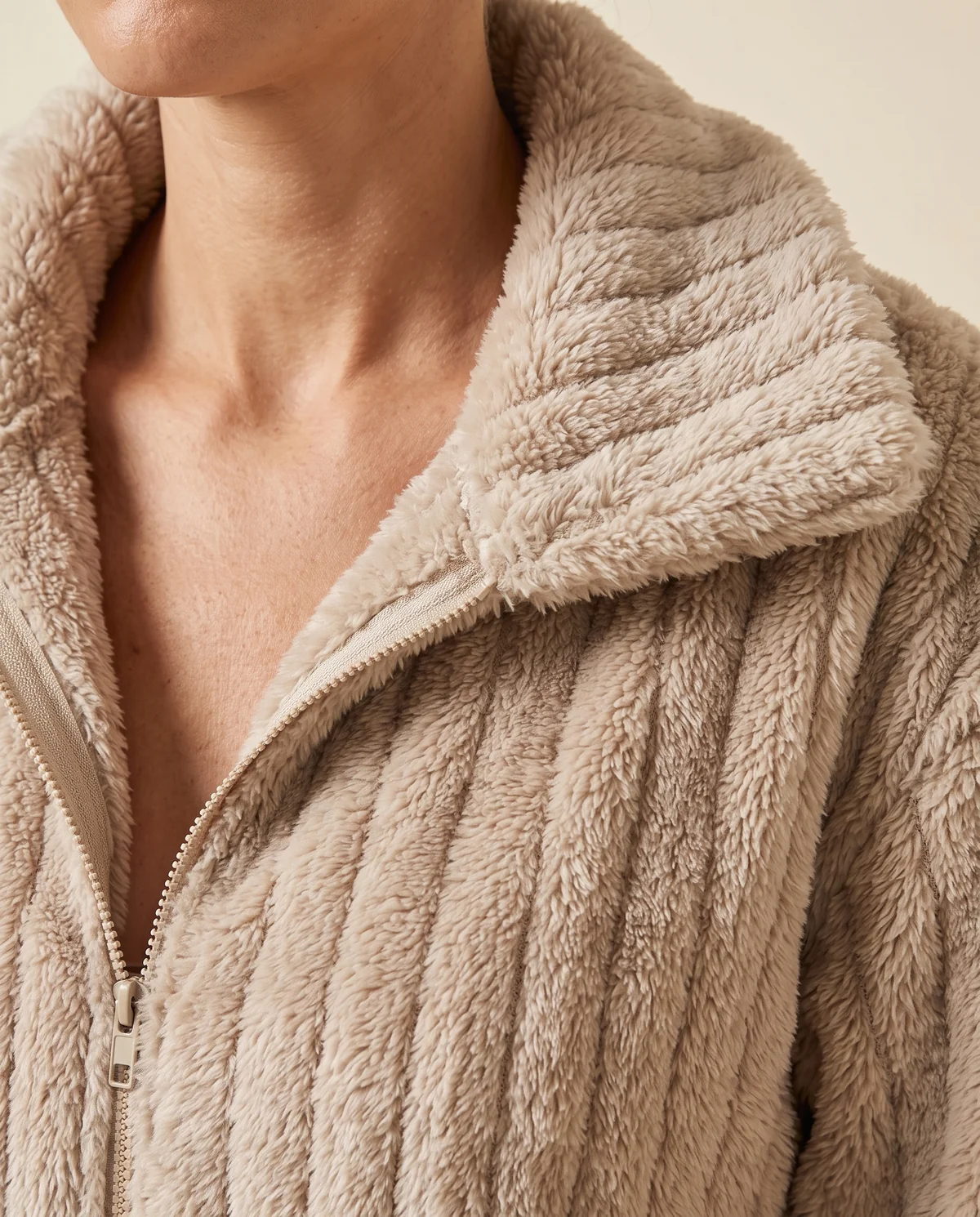 Ribbed Faux Fur Fleece Jacket in Oat, close-up of the detail