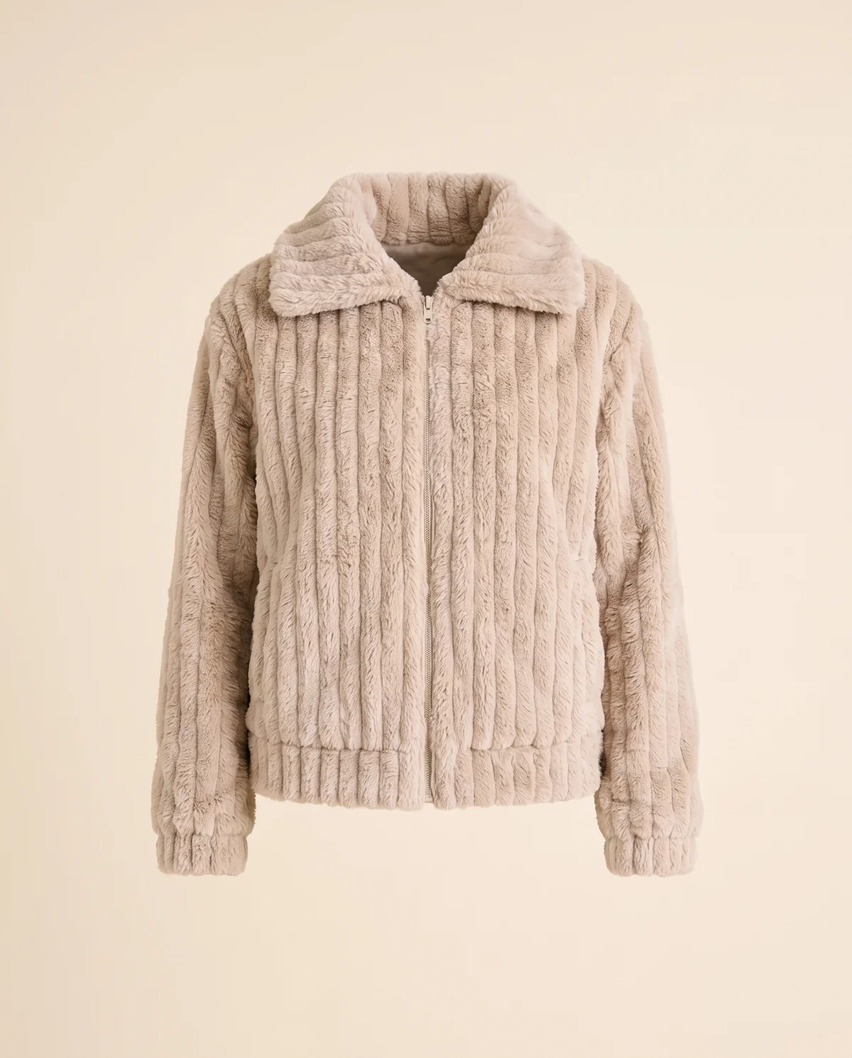 Ribbed Faux Fur Fleece Jacket in Oat, product shot on a plain background