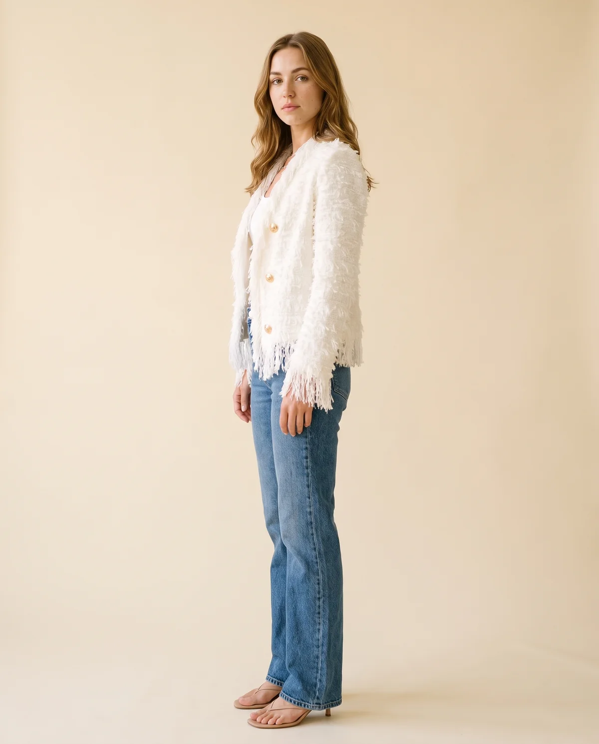 Fringe Tweed Jacket in White, side view, worn by Ava