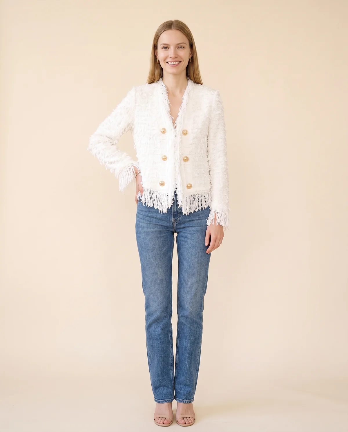 Fringe Tweed Jacket in White, front view, worn by Maya