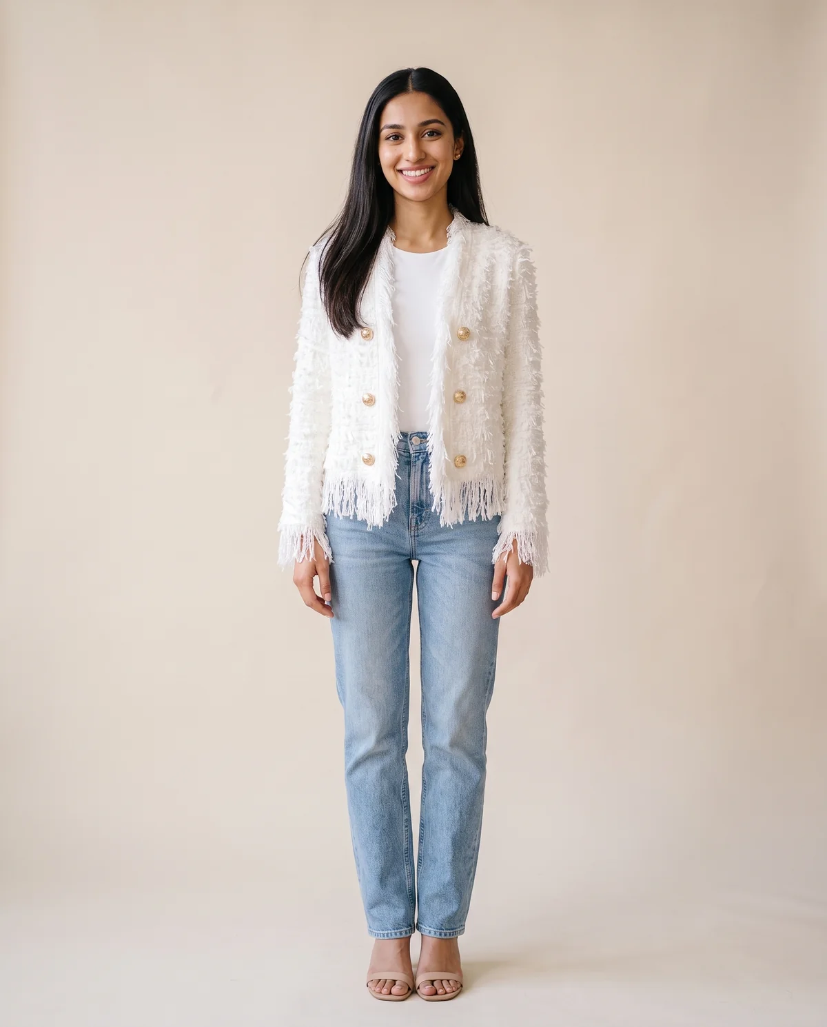 Fringe Tweed Jacket in White, front view, worn by Priya
