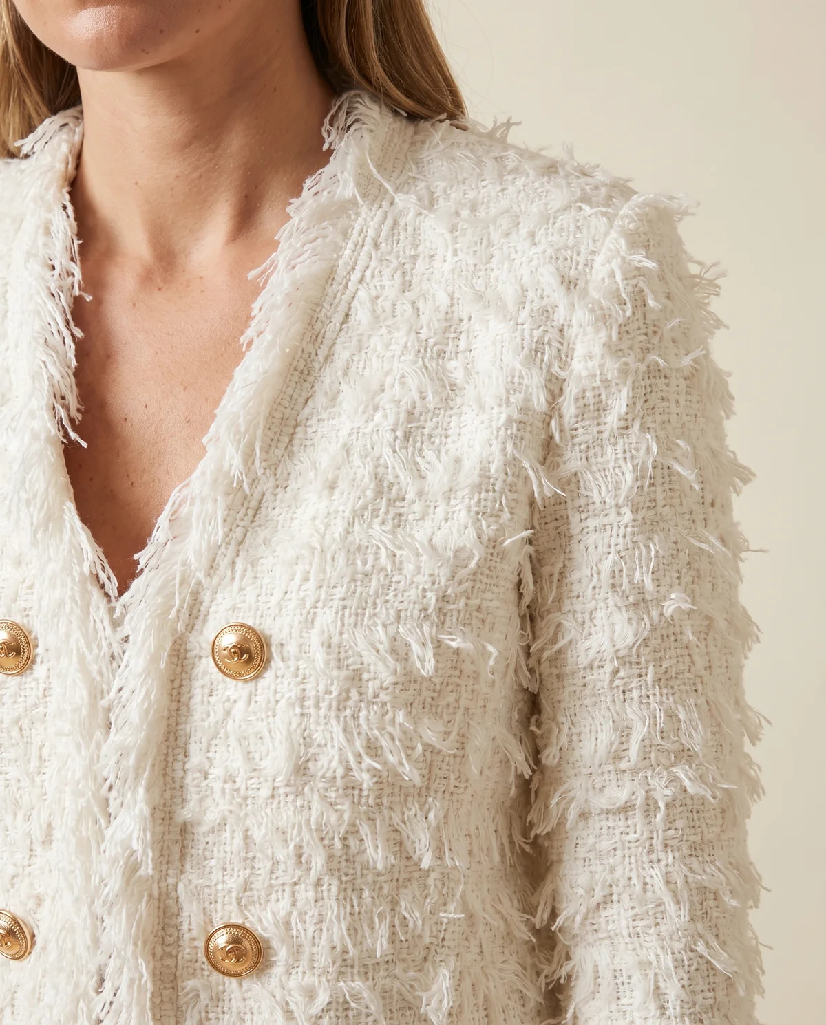 Fringe Tweed Jacket in White, close-up of the detail