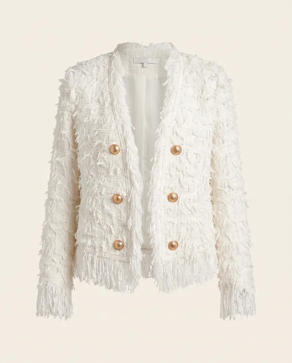 Fringe Tweed Jacket in White, product shot on a plain background
