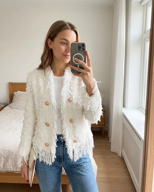 Satin Eve styling: Fringe Tweed Jacket