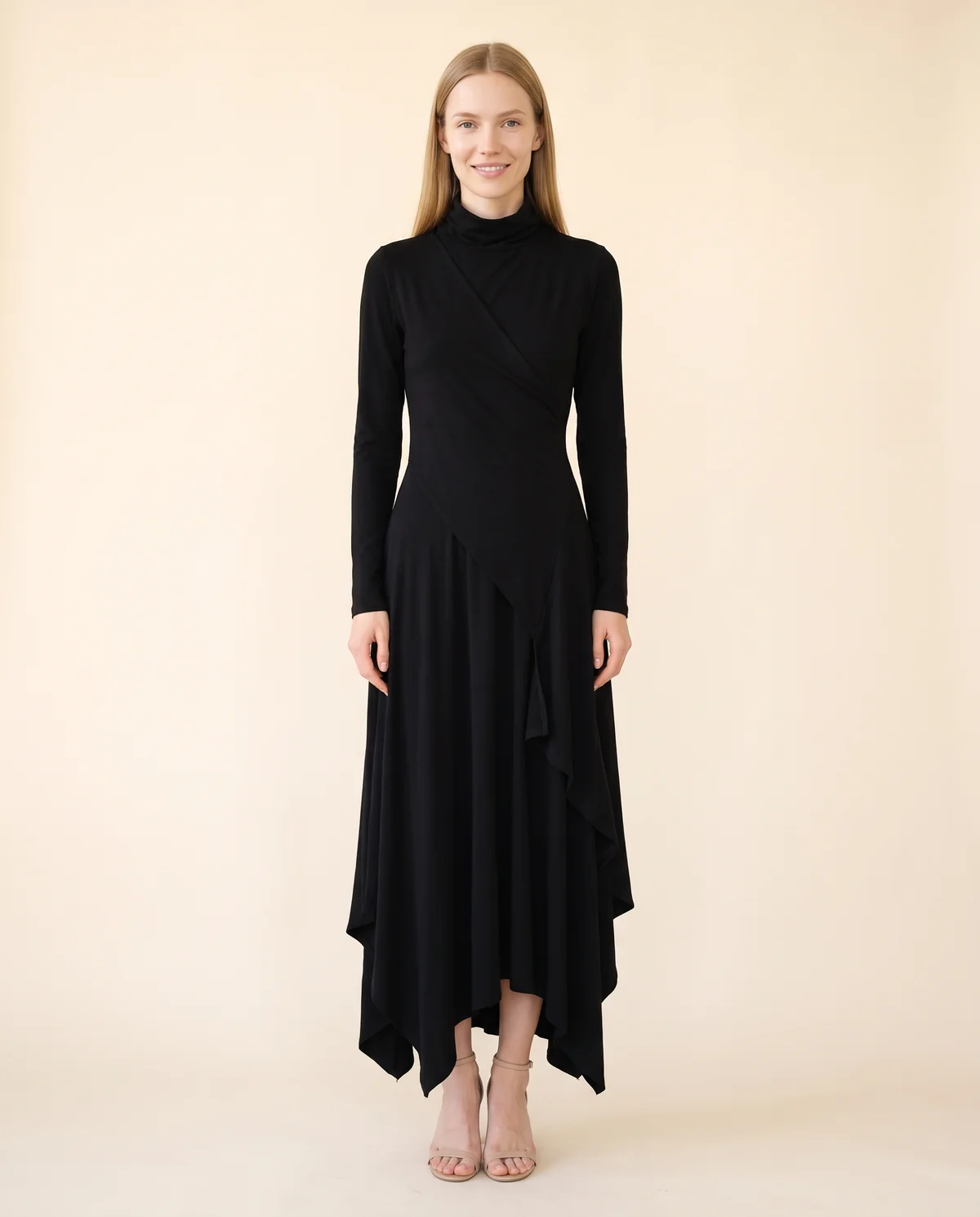 High-Neck Long-Sleeve Draped Maxi Dress in Black, front view, worn by Maya