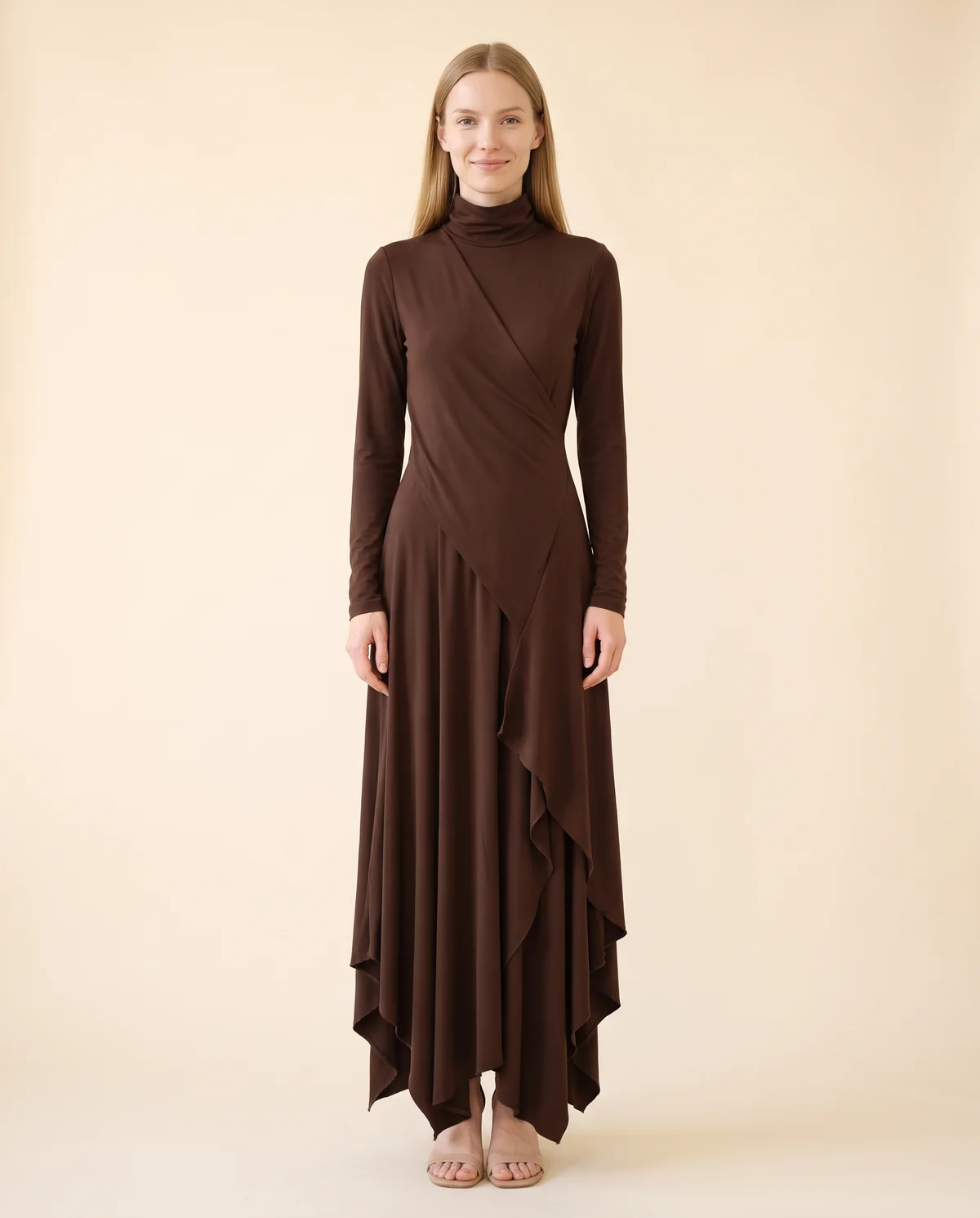 High-Neck Long-Sleeve Draped Maxi Dress in Chocolate, front view, worn by Maya