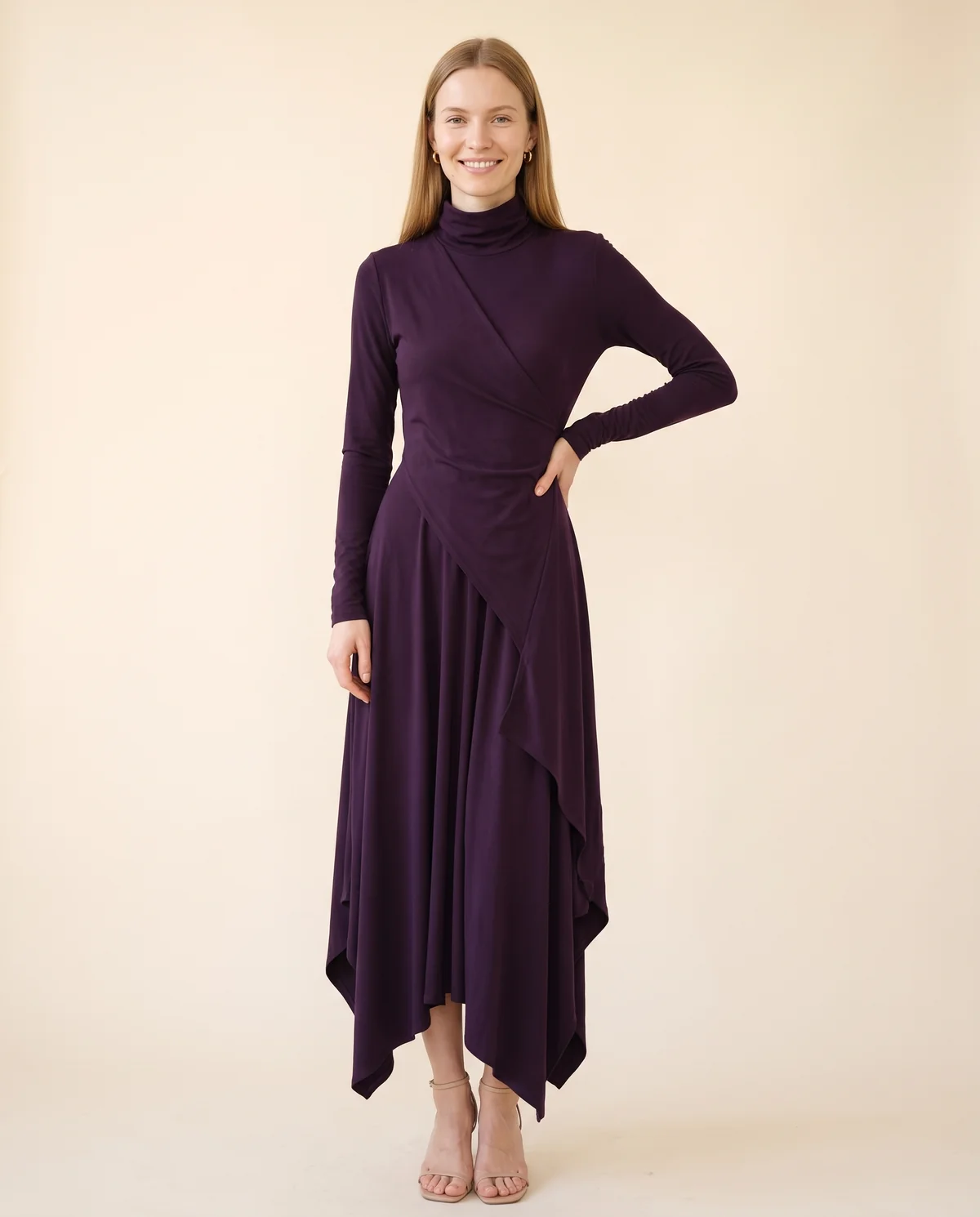 High-Neck Long-Sleeve Draped Maxi Dress in Plum, front view, worn by Maya