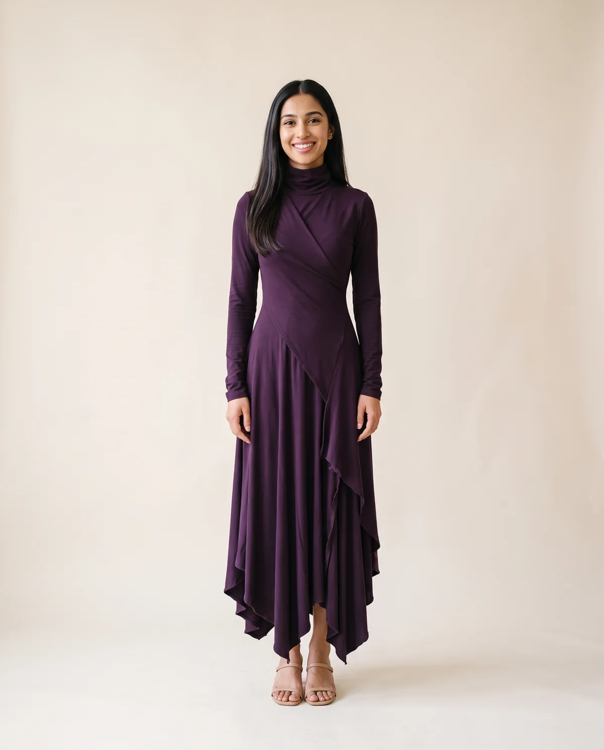 High-Neck Long-Sleeve Draped Maxi Dress in Plum, front view, worn by Priya