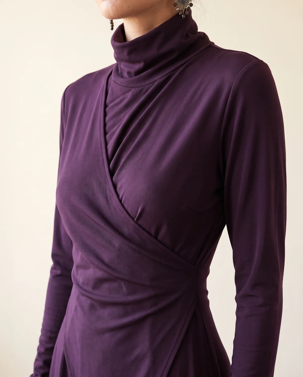 High-Neck Long-Sleeve Draped Maxi Dress in Plum, close-up of the detail