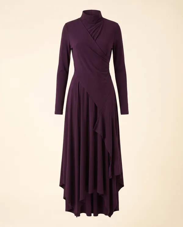 High-Neck Long-Sleeve Draped Maxi Dress in Plum, product shot on a plain background