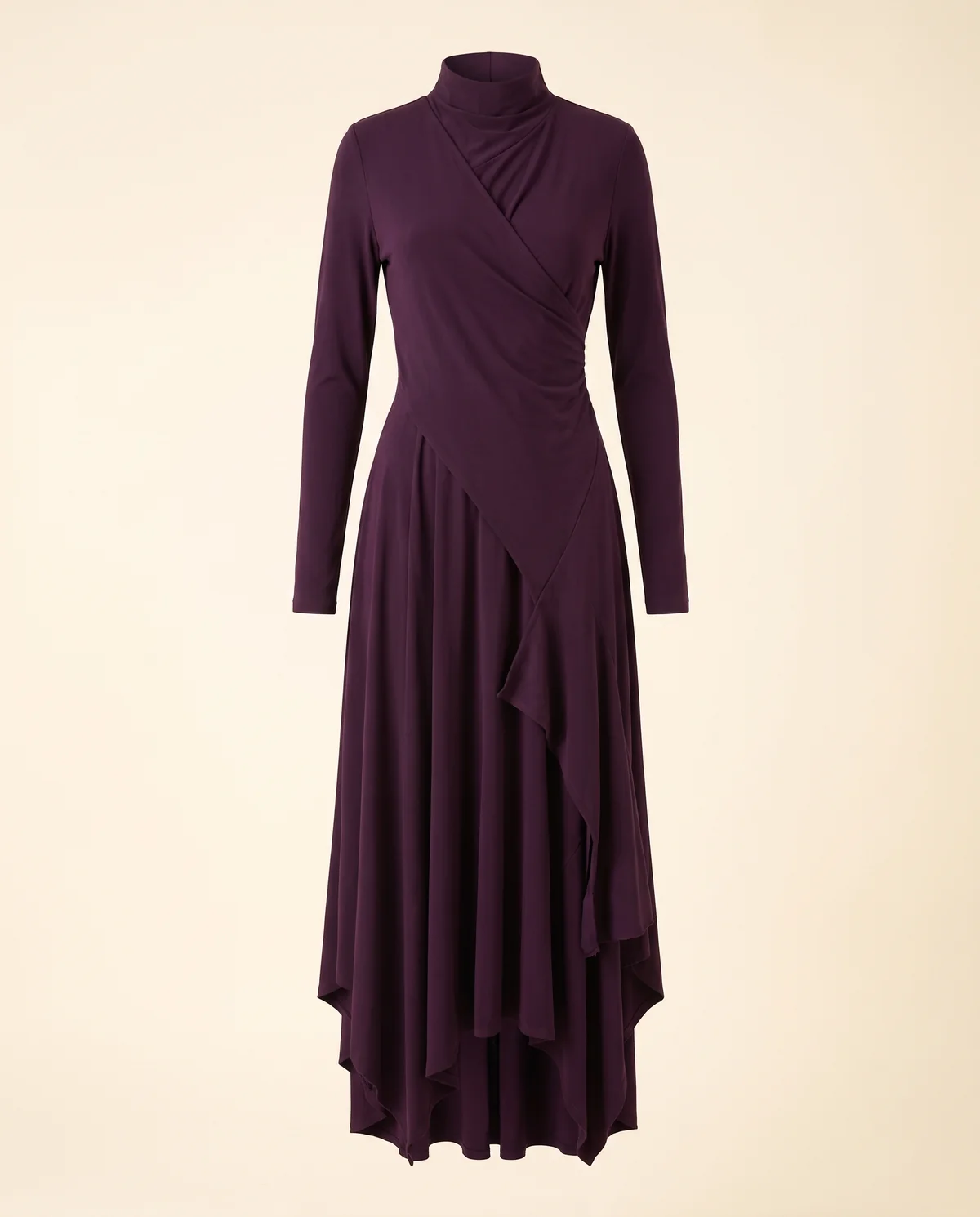 High-Neck Long-Sleeve Draped Maxi Dress in Plum, product shot on a plain background