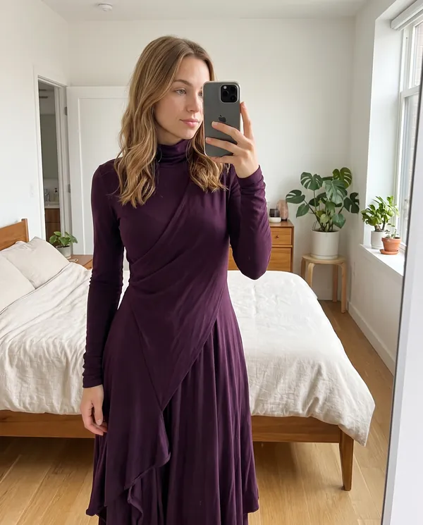 Satin Eve styling: High-Neck Long-Sleeve Draped Maxi Dress