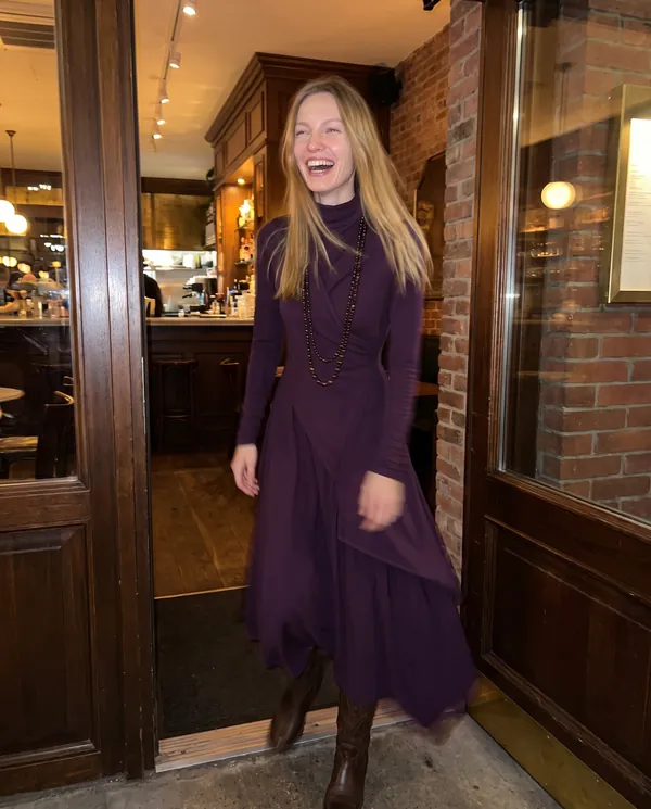 Satin Eve styling: High-Neck Long-Sleeve Draped Maxi Dress