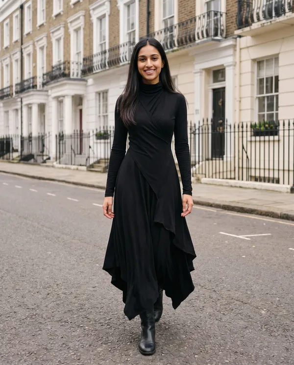 Satin Eve styling: High-Neck Long-Sleeve Draped Maxi Dress