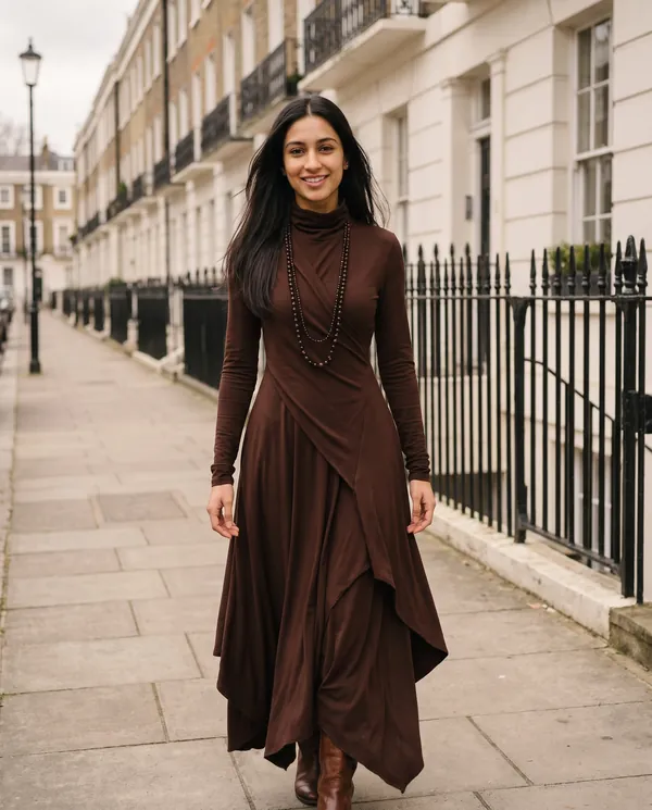 Satin Eve styling: High-Neck Long-Sleeve Draped Maxi Dress