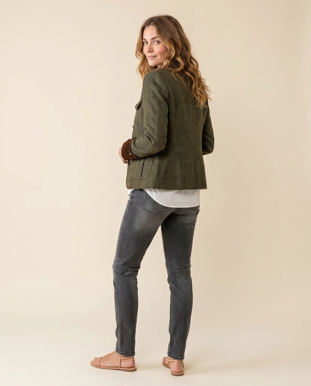 Herringbone Jacket with Velvet Trim in Olive, back view, worn by Ava