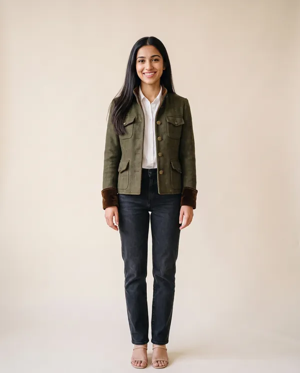 Herringbone Jacket with Velvet Trim in Olive, front view, worn by Priya