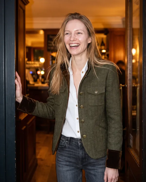 Satin Eve styling: Herringbone Jacket with Velvet Trim