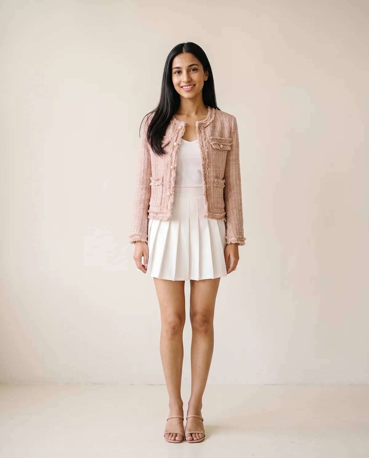 Braid-Trim Tweed Jacket in Blush Pink, front view, worn by Priya