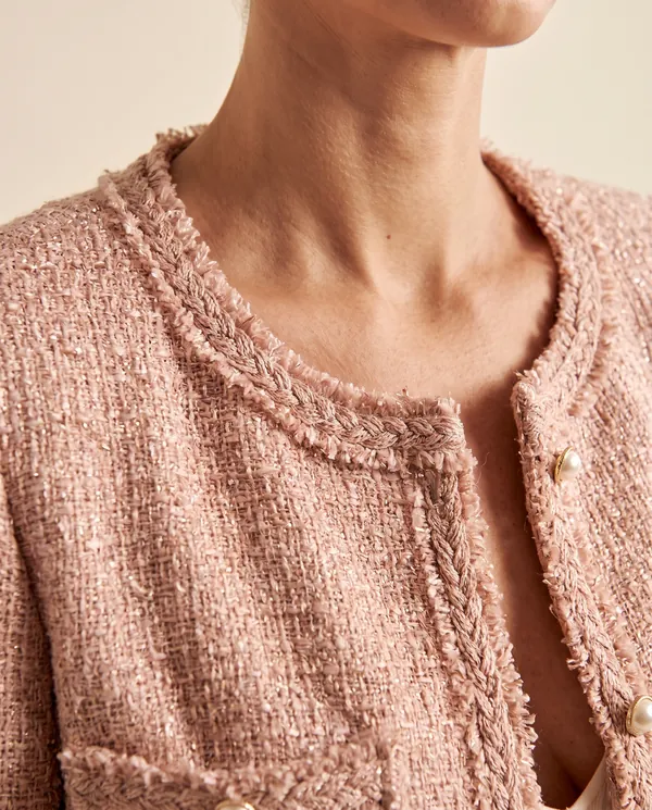 Braid-Trim Tweed Jacket in Blush Pink, close-up of the detail