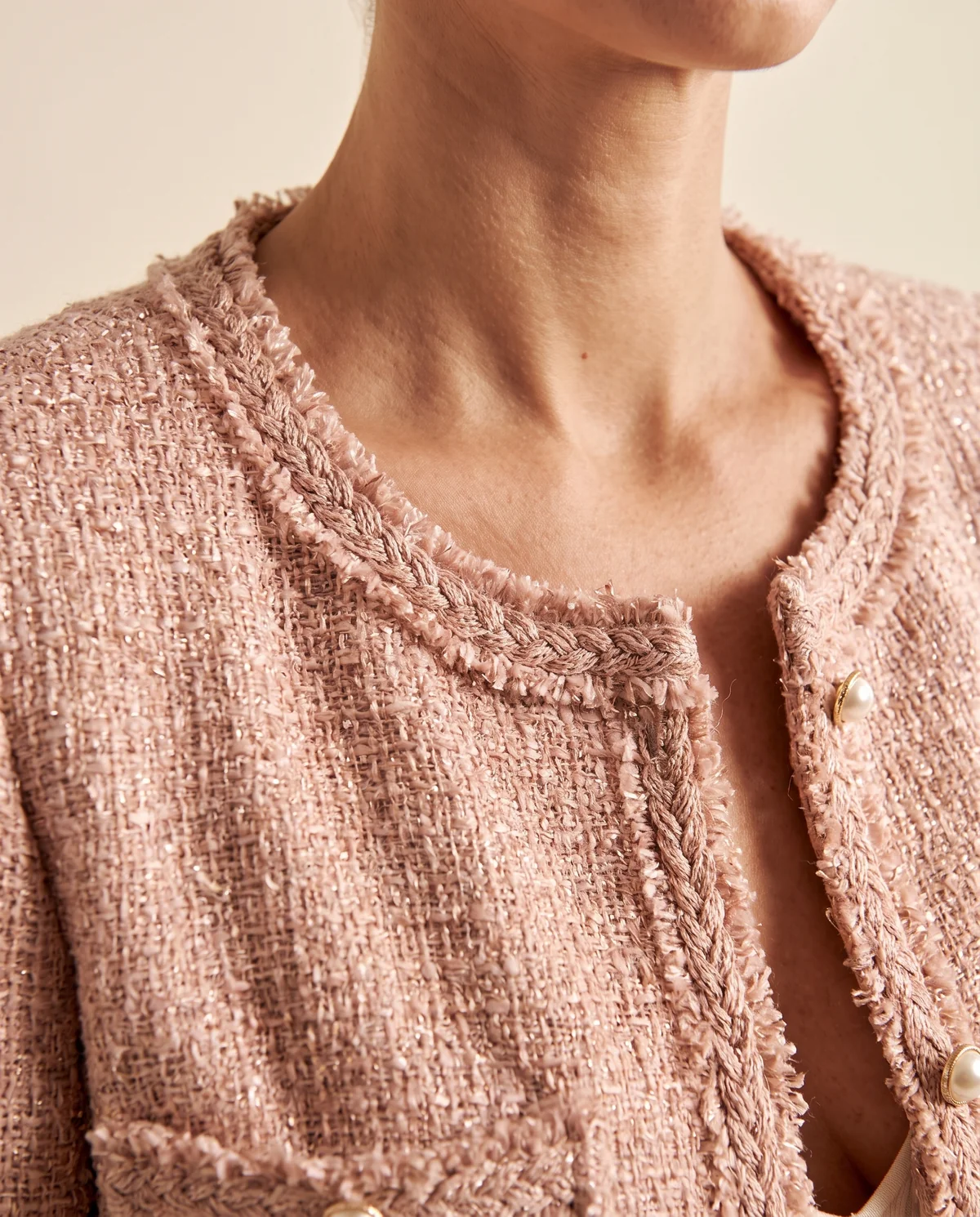 Braid-Trim Tweed Jacket in Blush Pink, close-up of the detail