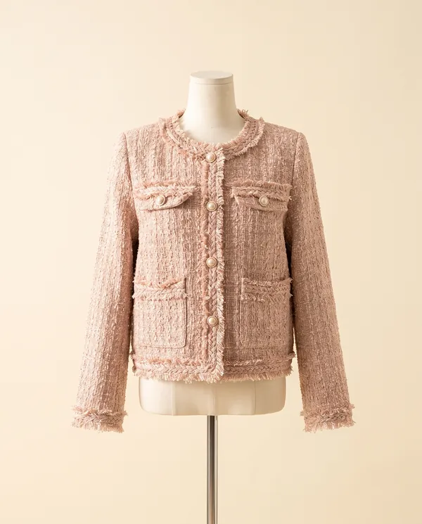 Braid-Trim Tweed Jacket in Blush Pink, product shot on a plain background