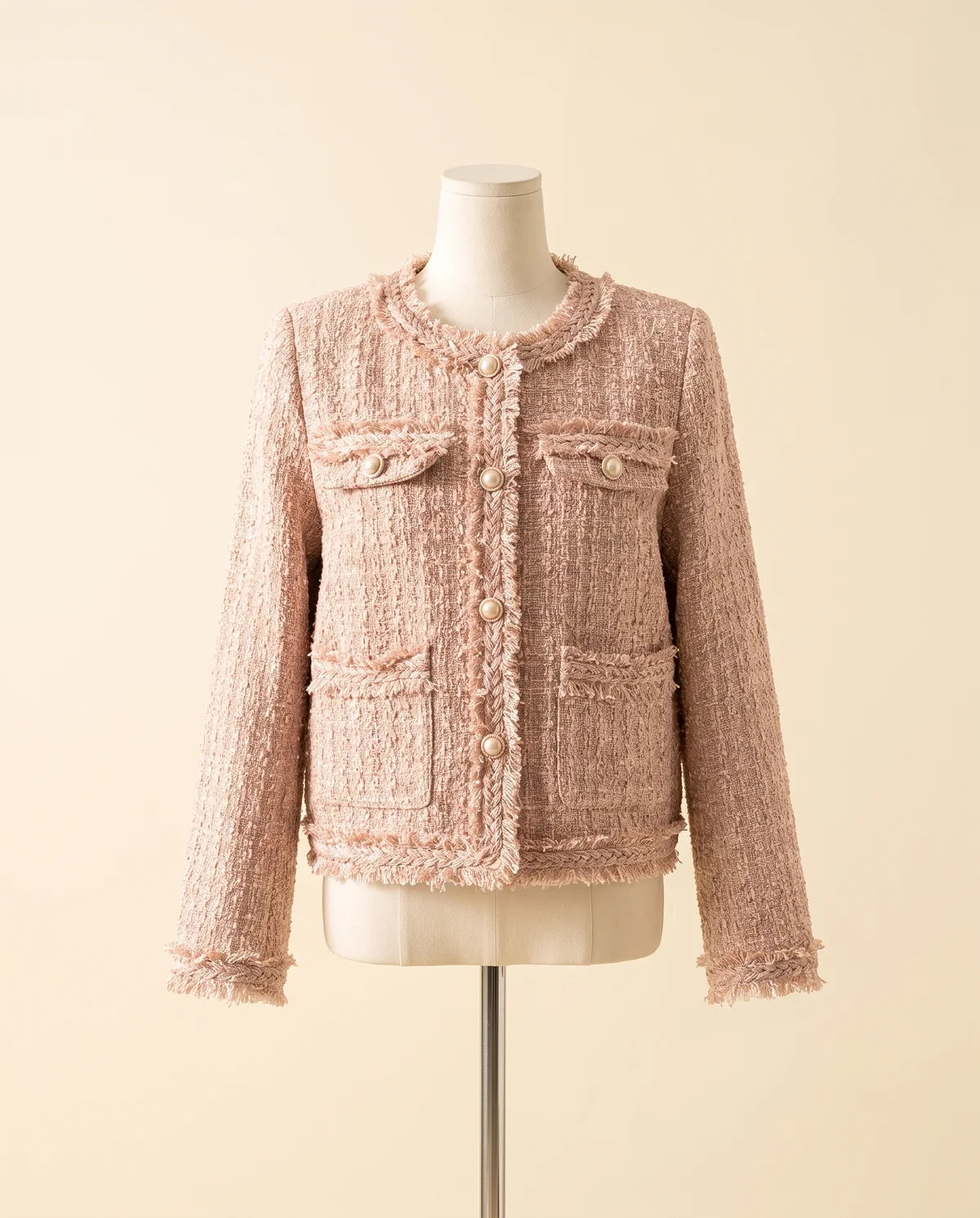 Braid-Trim Tweed Jacket in Blush Pink, product shot on a plain background