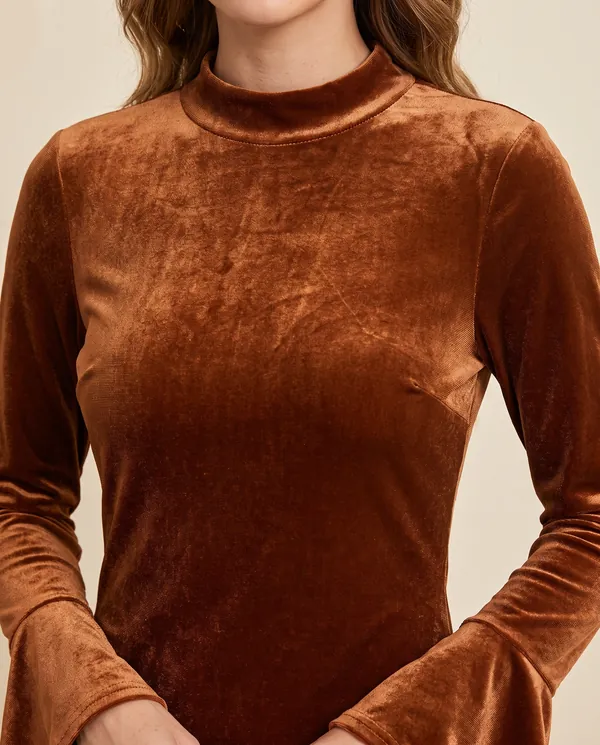 Velvet Ruffle-Hem Long-Sleeve Mini Dress in Rust, close-up of the detail