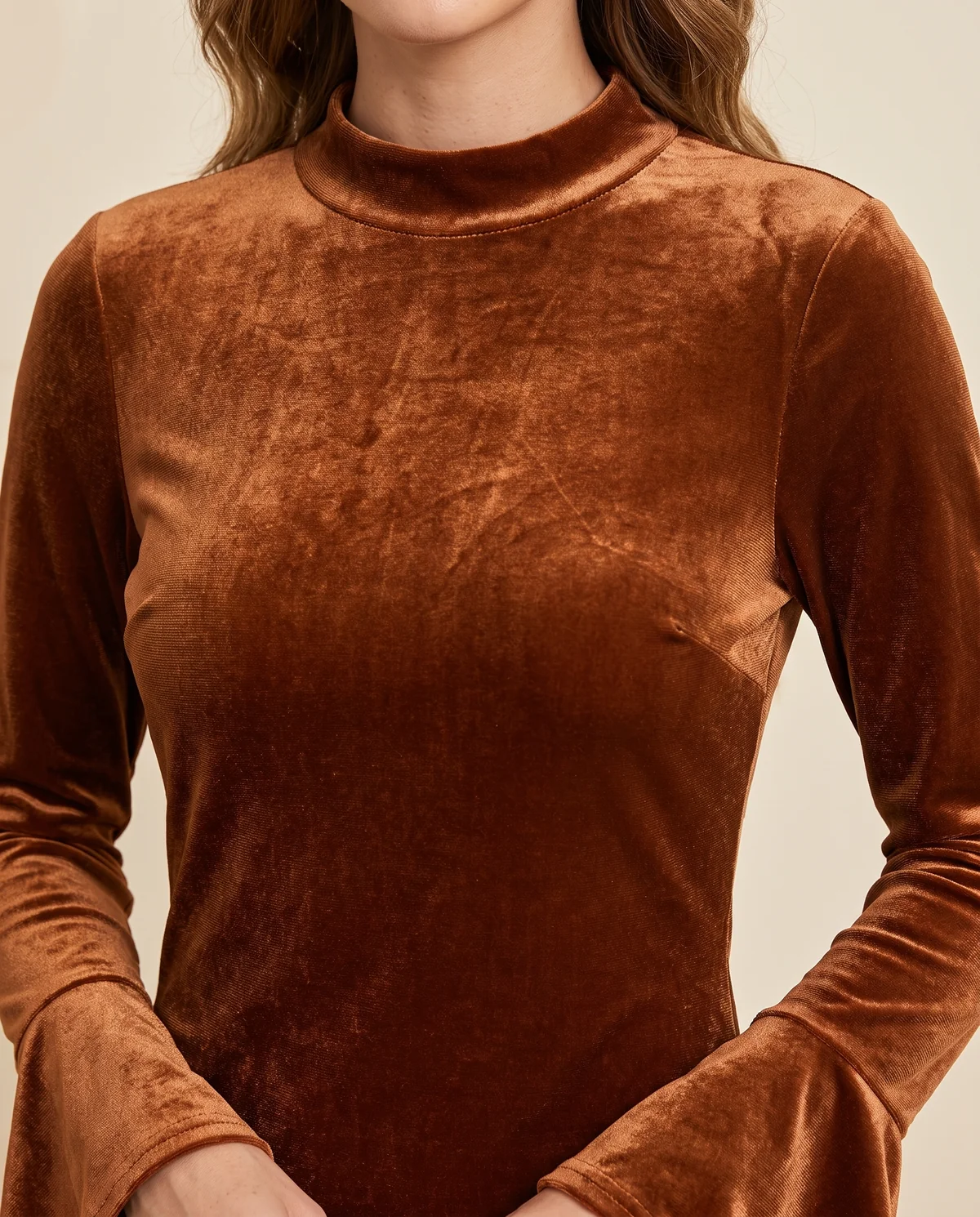 Velvet Ruffle-Hem Long-Sleeve Mini Dress in Rust, close-up of the detail
