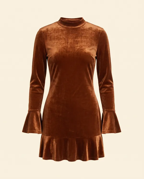 Velvet Ruffle-Hem Long-Sleeve Mini Dress in Rust, product shot on a plain background