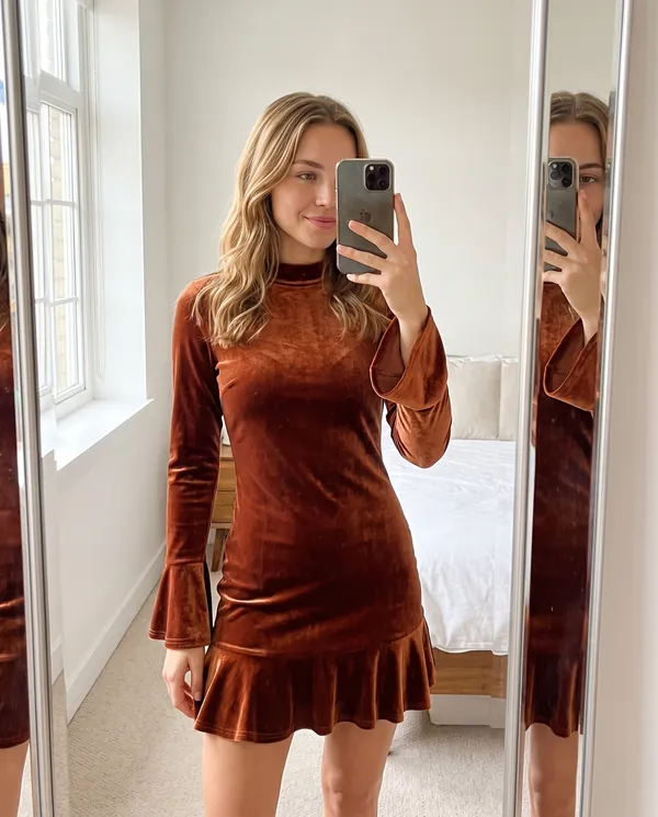 Satin Eve styling: Velvet Ruffle-Hem Long-Sleeve Mini Dress