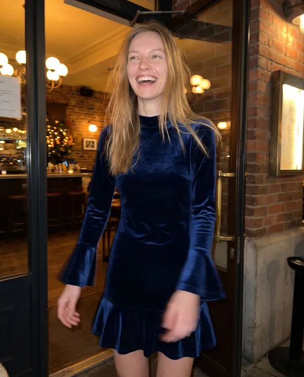 Satin Eve styling: Velvet Ruffle-Hem Long-Sleeve Mini Dress