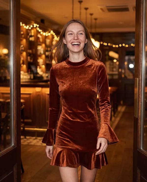 Satin Eve styling: Velvet Ruffle-Hem Long-Sleeve Mini Dress