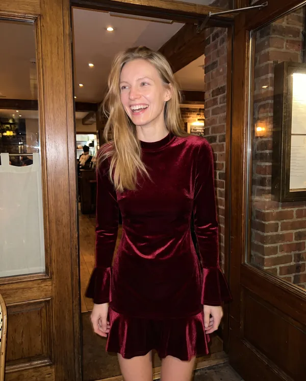 Satin Eve styling: Velvet Ruffle-Hem Long-Sleeve Mini Dress