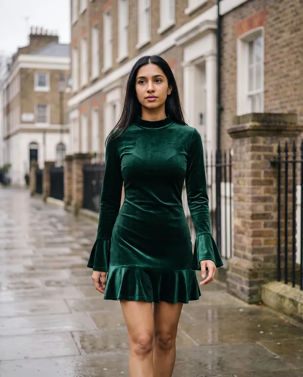 Satin Eve styling: Velvet Ruffle-Hem Long-Sleeve Mini Dress