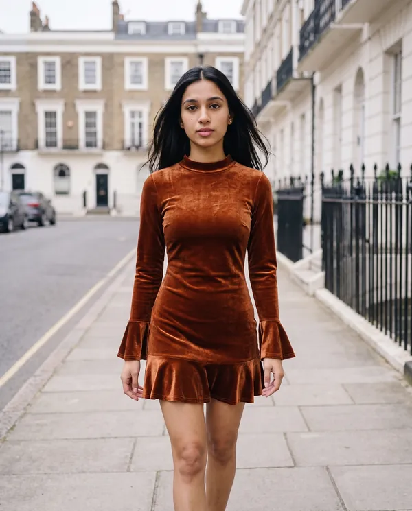 Satin Eve styling: Velvet Ruffle-Hem Long-Sleeve Mini Dress