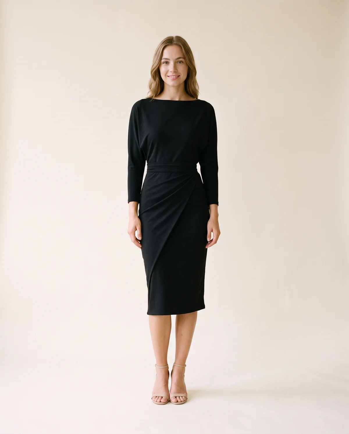 Boat-Neck Wrap-Skirt Sheath Midi Dress in Black, front view, worn by Ava