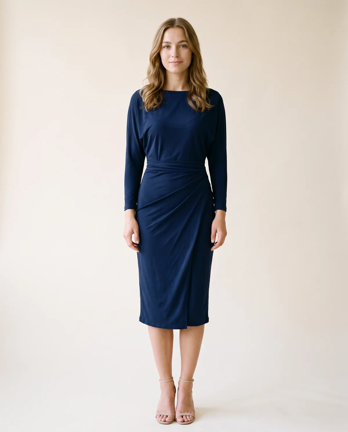 Boat-Neck Wrap-Skirt Sheath Midi Dress in Navy, front view, worn by Ava