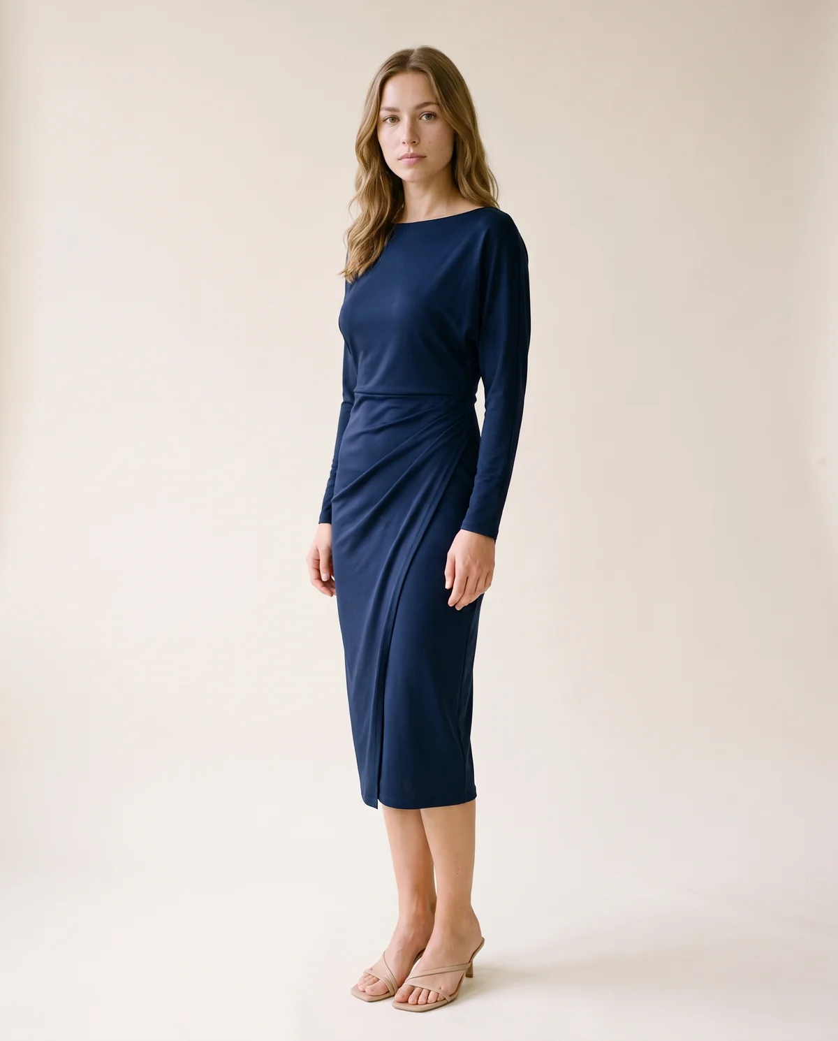 Boat-Neck Wrap-Skirt Sheath Midi Dress in Navy, side view, worn by Ava