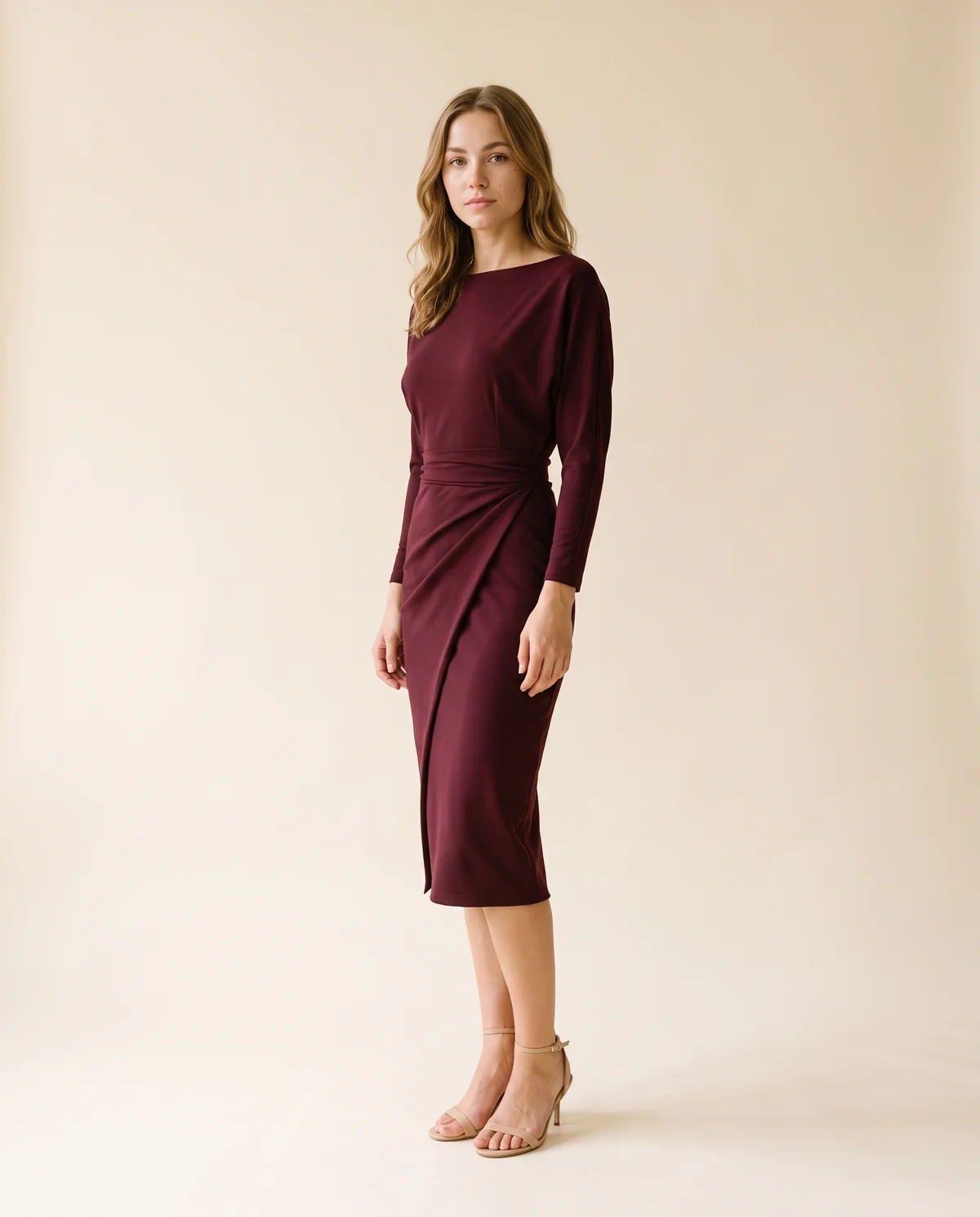 Boat-Neck Wrap-Skirt Sheath Midi Dress in Wine, side view, worn by Ava