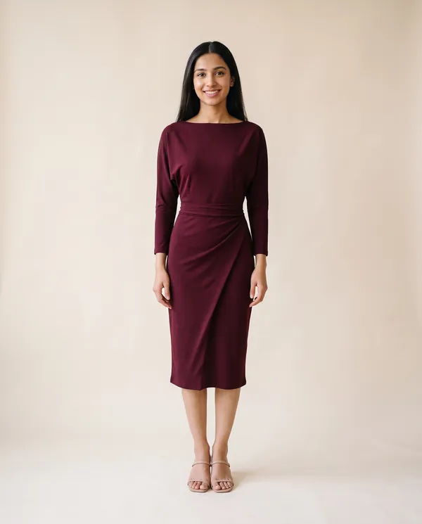 Boat-Neck Wrap-Skirt Sheath Midi Dress in Wine, front view, worn by Priya