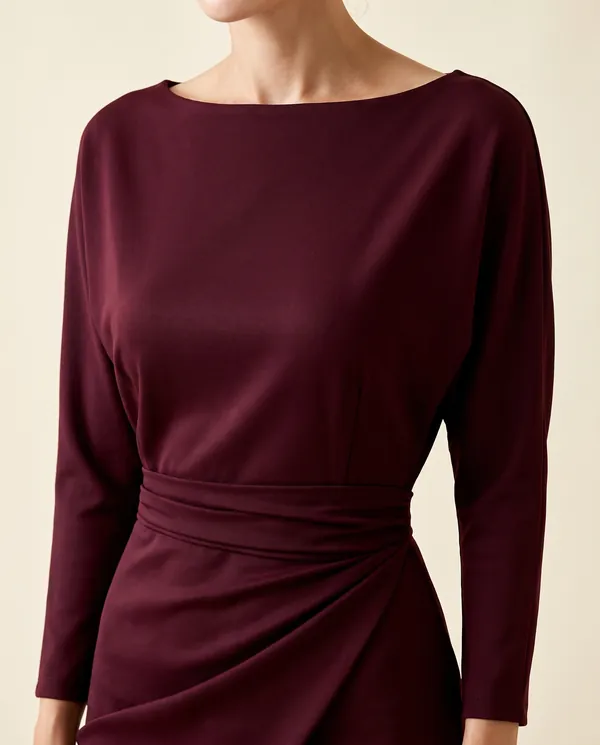 Boat-Neck Wrap-Skirt Sheath Midi Dress in Wine, close-up of the detail