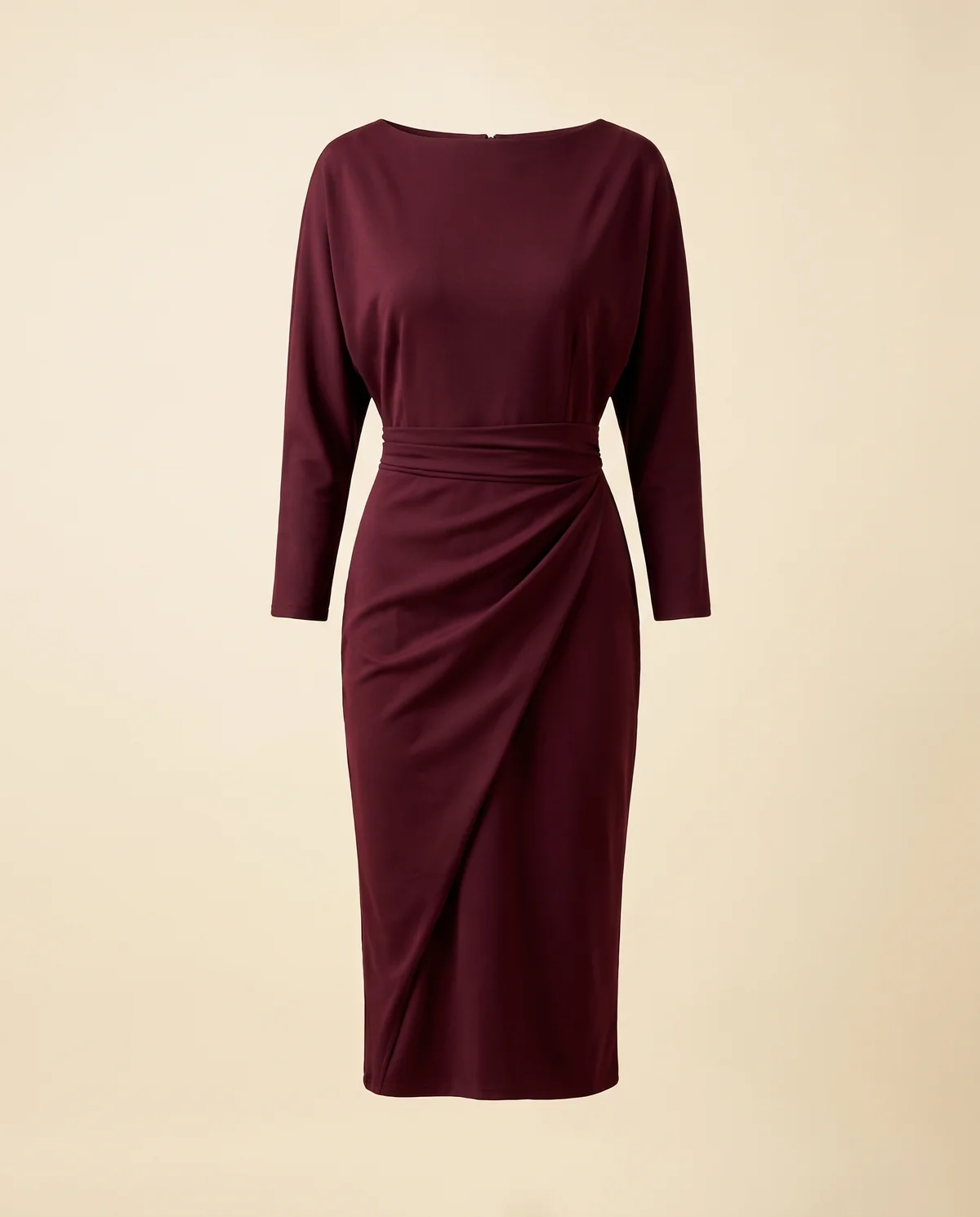 Boat-Neck Wrap-Skirt Sheath Midi Dress in Wine, product shot on a plain background