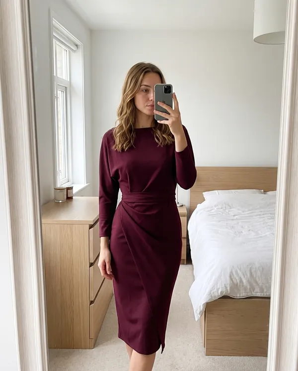 Satin Eve styling: Boat-Neck Wrap-Skirt Sheath Midi Dress