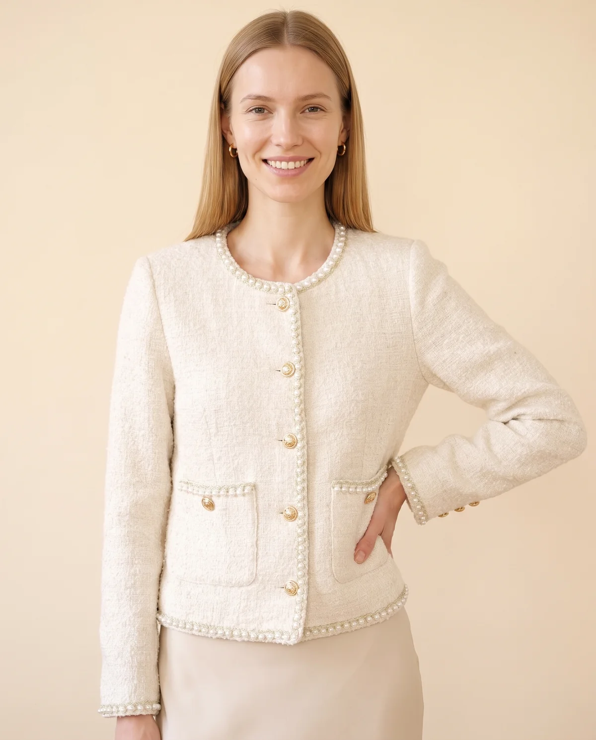 Pearl-Trim Tweed Jacket in Ivory, front view, worn by Maya