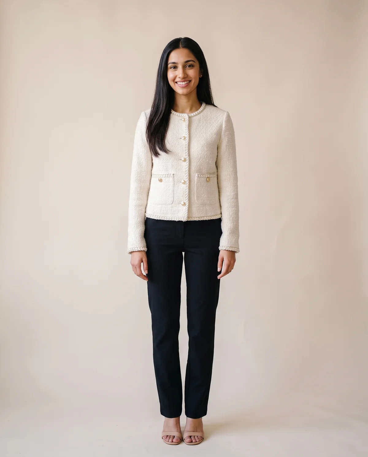 Pearl-Trim Tweed Jacket in Ivory, front view, worn by Priya