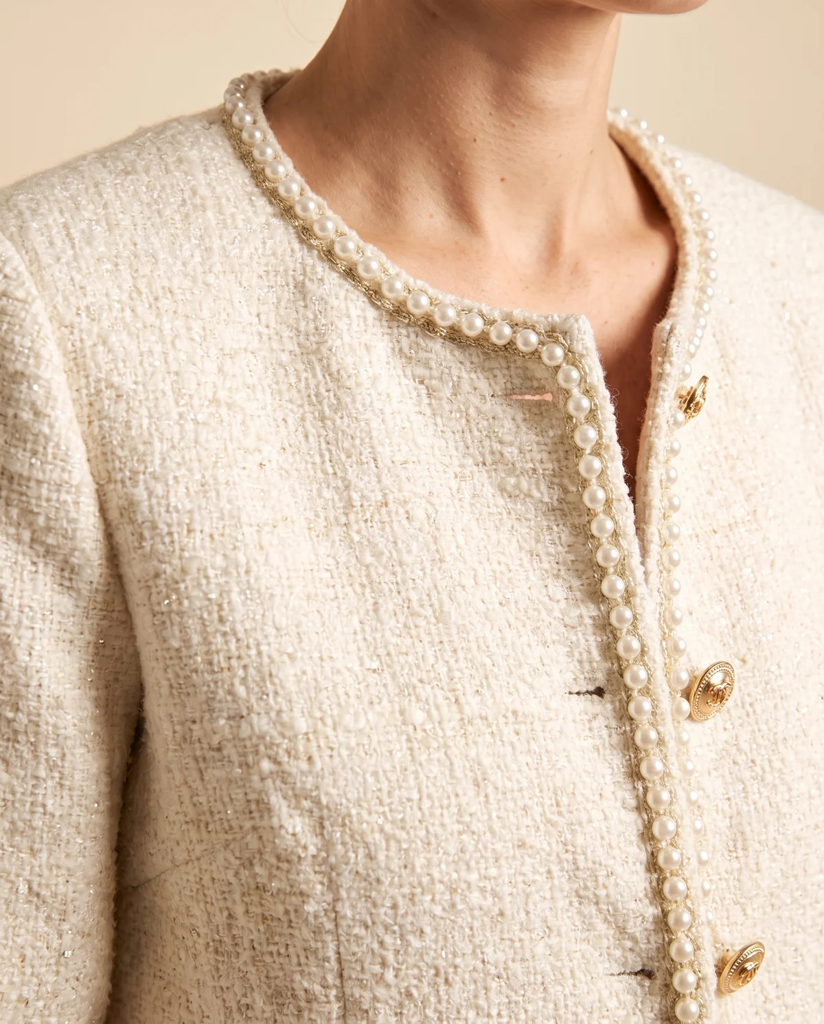 Pearl-Trim Tweed Jacket in Ivory, close-up of the detail